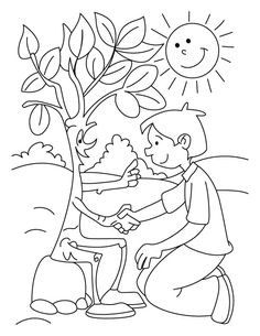 Online coloring book: A boy talking to a tree coloring page